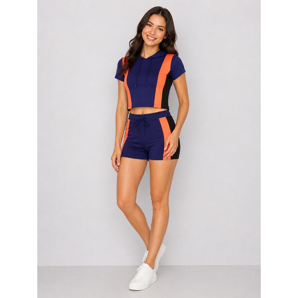 TRue Rock Womens 2-Piece Activewear Set Navy Orange Hooded Crop Top Capri Medium